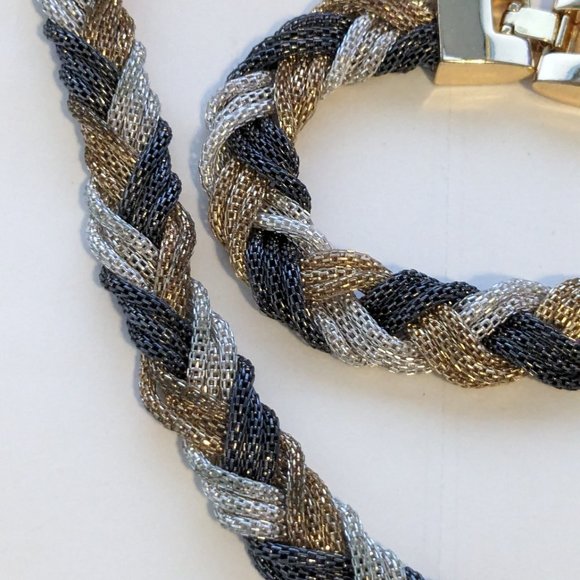 DANA BUCHMAN Gold, Grey & Silver Braided Twist Gold Tone Necklace/Bracelet Set - Picture 3 of 4